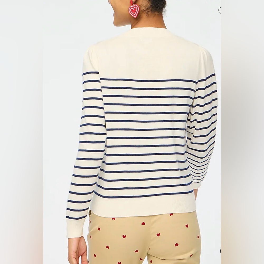 J. Crew Women's Small Puff-Sleeve Heart Sweater Ivory Navy Stripe EUC - Picture 2 of 8